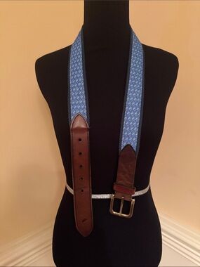 Fish Hippie Blue Patterned Canvas & Brown Leather Men's Belt 36